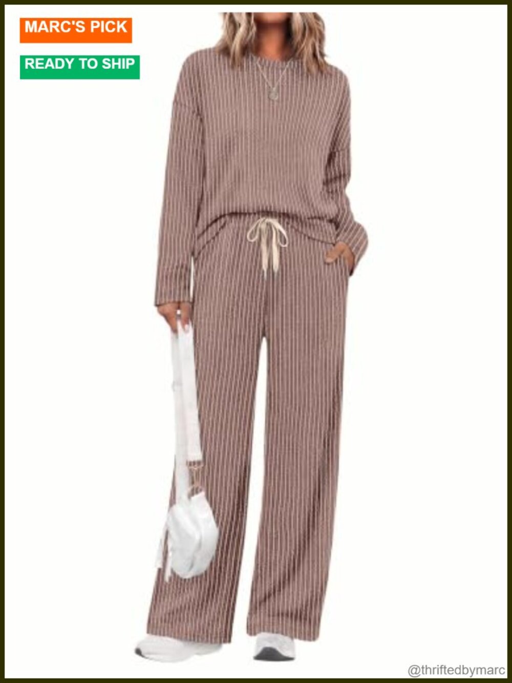 Women Two Piece Lounge Set Ribbed Knit Matching Pant Set Crewneck Long Sleeve